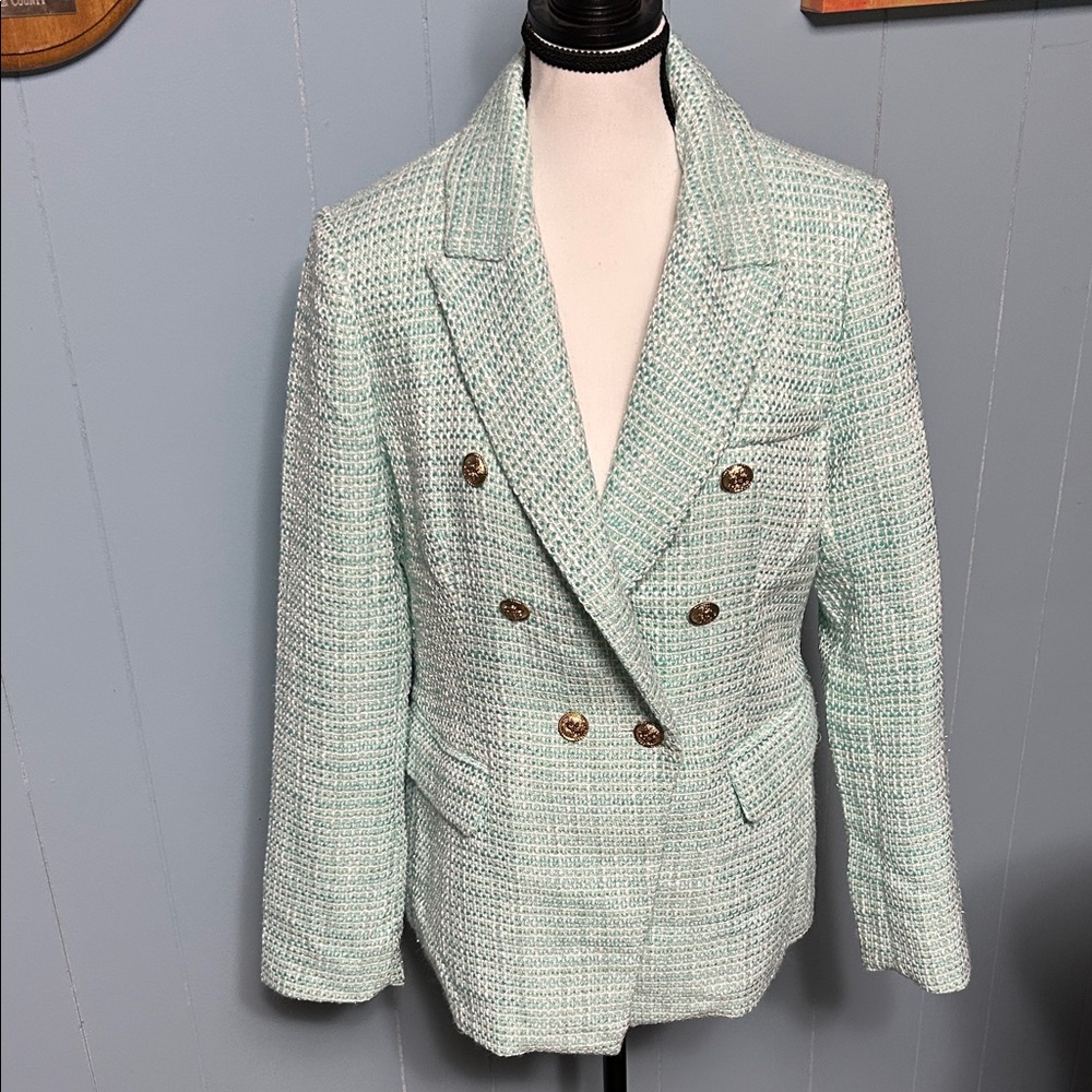 Mint Green Tweed Double-Breasted Blazer